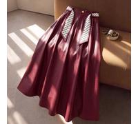 Elegante Damen-Mode Rock mit burgunderroten Leder-Einsätzen und Karomuster, High-Waist, plissierter Swing-Rock, raffinierte Anlasskleidung für Busines
