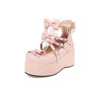 Elegante Damen Plattform Lolita Pumps Mode Bogen Schnalle Keile High Heels Frauen Mary Janes Pumps Süße Frau Schuhe, Style 2 Pink, 37 EU
