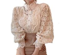 Elegante Damen-Shirts mit Spitzenbesatz, lässig, viktorianische Bluse, langärmelig, Button-Down-Tops, Aprikose, XX-Large