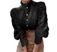 Elegante Damen-Shirts mit Spitzenbesatz, lässig, viktorianische Bluse, langärmelig, Button-Down-Tops, Schwarz, Klein