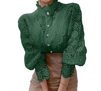 Elegante Damen-Shirts mit Spitzenbesatz, lässig, viktorianische Bluse, langärmelig, Button-Down-Tops, Smaragdrün, Mittel