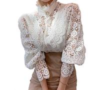 Elegante Damen-Shirts mit Spitzenbesatz, lässig, viktorianische Bluse, langärmelig, Button-Down-Tops, Weiss/opulenter Garten, X-Groß