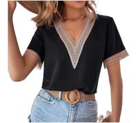 Elegante Damenbluse mit tiefem V-Ausschnitt und Spitzenbesatz, kurzärmelig, lässiges Sommer-T-Shirt, einfarbig, normale Passform für den täglichen Pendler, Büro (XXL Schwarz)
