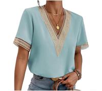 Elegante Damenbluse mit tiefem V-Ausschnitt und Spitzenbesatz, kurzärmelig, lässiges Sommer-T-Shirt, einfarbig, normale Passform für den täglichen Pendler, Büro (XXXL Blau)