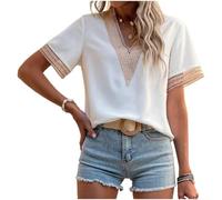Elegante Damenbluse mit tiefem V-Ausschnitt und Spitzenbesatz, kurzärmelig, lässiges Sommer-T-Shirt, einfarbig, normale Passform für den täglichen Pendler, Büro (XXL Weiß)