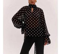 Elegante Damenbluse mit transparentem Schal-Bindeband, Pariser französischer Vintage-Retro-Bluse für Abendessen und Büro, schwarz-weiß gepunktet, Herb