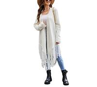 Elegante einfarbige Damen-Strickjacke, mit Quasten, stilvoll, britischer Stil, unregelmäßiger Pullovermantel, weiß, M