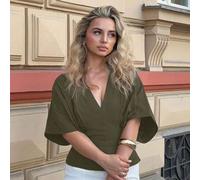 Elegante einfarbige Kurzarm-Bluse, minimalistischer lockerer Schnitt, Schleife mit Bindeband am Rücken, vielseitig für Büro & Pendeln, grüner Sommer