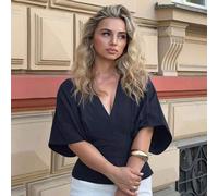 Elegante einfarbige Kurzarm-Bluse mit Rundhalsausschnitt, minimalistischer lockerer Schnitt, Schleife am Rücken, vielseitig für Büro und Pendeln, Apri