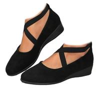 Elegante einfarbige Schuhe mit elastischem Riemen, niedriger Keilabsatz, geschlossene orthopädische Fußgewölbeunterstützung, Wildleder-Ballerinas für Damen, bequeme Vintage-Slip-On-Slipper für Damen