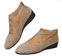 Elegante einfarbige Schuhe mit elastischem Riemen, niedriger Keilabsatz, geschlossene orthopädische Fußgewölbeunterstützung, Wildleder-Ballerinas für Damen, bequeme Vintage-Slip-On-Slipper für Damen