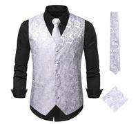 Elegante Herren-Weste mit Paisley-Jacquardmuster, 3-teilig, Weste Krawatte, Einstecktuch-Set for Herren, ärmellose Jacke, Hochzeit, Geschäftsparty Für Hochzeiten, Geschäftsessen(White and silver,XXL)