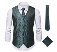 Elegante Herren-Weste mit Paisley-Jacquardmuster, 3-teilig, Weste Krawatte, Einstecktuch-Set for Herren, ärmellose Jacke, Hochzeit, Geschäftsparty Für Hochzeiten, Geschäftsessen(Black and green,M)