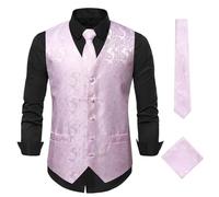 Elegante Herren-Weste mit Paisley-Jacquardmuster, 3-teilig, Weste Krawatte, Einstecktuch-Set for Herren, ärmellose Jacke, Hochzeit, Geschäftsparty Für Hochzeiten, Geschäftsessen(White and pink,XXL)