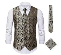 Elegante Herren-Weste mit Paisley-Jacquardmuster, 3-teilig, Weste Krawatte, Einstecktuch-Set for Herren, ärmellose Jacke, Hochzeit, Geschäftsparty Für Hochzeiten, Geschäftsessen(Black and gold,L)
