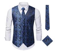 Elegante Herren-Weste mit Paisley-Jacquardmuster, 3-teilig, Weste Krawatte, Einstecktuch-Set for Herren, ärmellose Jacke, Hochzeit, Geschäftsparty Für Hochzeiten, Geschäftsessen(Black and blue,XL)