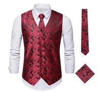 Elegante Herren-Weste mit Paisley-Jacquardmuster, 3-teilig, Weste Krawatte, Einstecktuch-Set for Herren, ärmellose Jacke, Hochzeit, Geschäftsparty Für Hochzeiten, Geschäftsessen(Black and red,L)