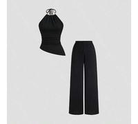 Elegante Hose mit asymmetrischem Saum und Metallschnallen-Akzent-Halskette, gerades Bein, Frühling/Sommer, elegant, vielseitig, Damen 2-teiliges Set
