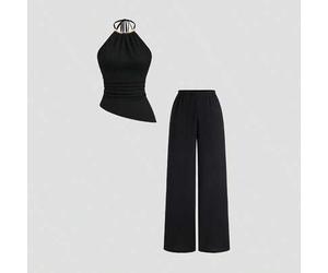 Elegante Hose mit asymmetrischem Saum und Metallschnallen-Akzent-Halskette, gerades Bein, Frühling/Sommer, elegant, vielseitig, Damen 2-teiliges Set