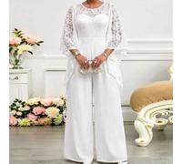 Elegante Jumpsuits für Frühling und Sommer: Weiße Strickjumpsuits mit Rundhalsausschnitt, Volantärmeln und kontrastierender Spitze in Übergrößen für P