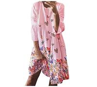 Elegante Kleider Damen Abendkleider elegant für Hochzeit lang Sommer V-Ausschnitt Blumen Druck Langarm Midi Kleid 2er Jahre frühlingskleid（Pink, 3XL