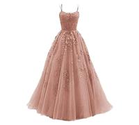 Elegante Kleider Damen, Ballkleid Damen Aus TüLl Mit SpaghettiträGern Lange Spitzenapplikationen Brautkleider - A Linie Formelle Party Abendkleider Ballkleider Lang Cocktailkleid Brautjungfernkleid