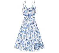 Elegante Kleider Damen Blumenmuster Freizeitkleid Sexy Spaghetti Straps Kleid A-Linie ärmellos Freizeitkleid XL Blau-Weiß Blume CL1582S22-07