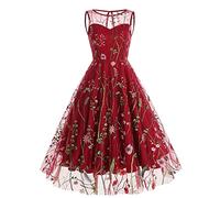 Elegante Kleider Damen Festliche Kleider Für Damen Hochzeit Sommerkleid Damen Lang Boho Vintage 50Er Jahre Blumendruck Rundhals Ärmellos Rockabilly A-Line Swing Kleid Schulterfreies Kleid (Rot, M)