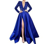 Elegante Kleider Damen Für Hochzeit 2025 New Feminine One Shoulder Langarm Perlen V-Ausschnitt Große Swing Pailletten Split Langes Kleid Abendkleid Hochzeitkleid Geschenke Für Freundin