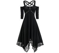 Elegante Kleider,Damen Gothic High-Low Kleid Punk Cross Bandage Midikleid Vintage Renaissance Kleid Sexy Off Shoulder Spitzenbesatz Kleid A-Linie Sommerkleider Cosplay Halloween Kleid,Schwarz,Xxl