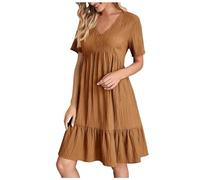 elegante kleider damen, Sommerkleid Damen Knielang Kurzarm Sommer Strandkleid Musselin Kleid Elegant V-Ausschnitt Midikleid Casual Leicht Luftig Tunikakleid Einfarbig A-Linie Freizeitkleid Braun 3XL