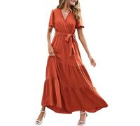 Elegante Kleider Damen, Sommerkleid Damen mit Lang Ärmeln Tunika Fließend Wickelkleid V-Ausschnitt Vokuhila Kleid mit Schlitz Rüschen Saum Strandkleid mit Gürtel 2025 S C Orange