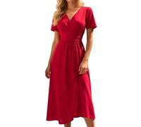 Elegante Kleider, Damen Sommerkleid Kurzarm V-Ausschnitt Kleid - Kleider Lang Hohe Taille Wickelkleid Elegant A Linie Midi Sommerkleider Curvy Midikleid Sommer Strandkleid Rot XL
