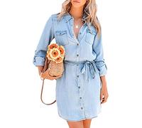 Elegante Kleider, Damen Western-Jeanskleid Elegant Lange Ärmel Taillengürtel Button-Down-Hemdkleid Herbst Lässig Locker Geschwungenes Minikleid Vintage-Waschung Verblasste Jeanskleider Hellblau S