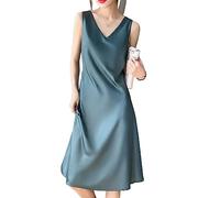 Elegante Kleider,Sommer-Satinkleid Für Damen Sexy Einfarbig Midi-Kleid Elegant Ärmellos V-Ausschnitt Langes Tank-Kleid Modisch A-Linie Fließendes Seidenkleid Cocktail-Strand-Abend-Party-Kleider B