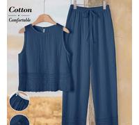 Elegante Kurzarm-Bluse für Damen in Apricot-Blau, 2-teiliges Set aus Baumwolle, lässig und bequem, mit Sommerhose für Damen