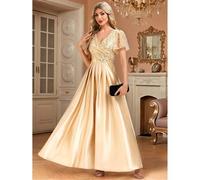 Elegante lange Abendkleider Damen Champagner Gold Pailletten Abendkleid mit V-Ausschnitt, Halbformelle Kleider für Abendveranstaltungen