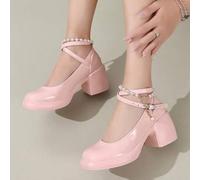 Elegante Mary Jane Pumps mit Glanz-Pink-Absatz, Kreuzschnalle, weicher Sohle, bequem, modischer Campus-Loafer aus Leder mit Perlen-Dekor