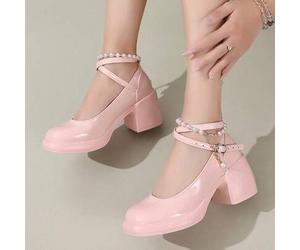 Elegante Mary Jane Pumps mit Glanz-Pink-Absatz, Kreuzschnalle, weicher Sohle, bequem, modischer Campus-Loafer aus Leder mit Perlen-Dekor