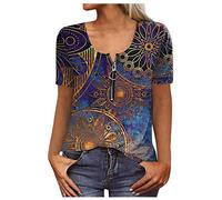 Elegante Oberteile Damen Fledermaus Shirt Damen Tshirt Damen Oversize Elegant Drucken O-Ausschnitt Kurzarmshirt Mit Zipper Lose T-Shirt Mit ReißVerschluss Basic Shirt Spaghetti Top Damen (1-Gold, Xl)