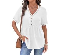 Elegante Oberteile Damen Kurzarm Bluse Spitzen Patchwork Tshirts Mode V-Ausschnitt Shirt Knöpfen Tunika Tops Einfarbig Casual Blusenshirt Business Temperament Blusen Strand Urlaub Hemd