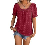Elegante Oberteile Damen Oversize Shirt Damen Ukraine Tshirt Frauen Elegant Einfarbig Swiss Dot Kurzarm Shirt Leicht Kurze Ärmel Bluse Blau-Weiß Gestreifte Bluse Funktionsshirt Damen(1-Wine, M)