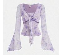 Elegante, rosa geblümte, sommerliche T-Shirt-Bluse für Tween-Mädchen mit ausgestellten Glockenärmeln, Bindeband vorne und Rüschensaum - perfekt für lä