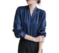 Elegante Satin-Bluse für Damen, lässig, modisch, einfarbig, langärmelig, Wickel-V-Ausschnitt, Bluse, Hemd, Top, Satin-Blusen für Frauen, blau, X-Large