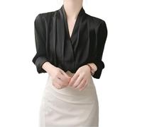 Elegante Satin-Bluse für Damen, lässig, modisch, einfarbig, langärmelig, Wickel-V-Ausschnitt, Bluse, Hemd, Top, Satin-Blusen für Frauen, Schwarz , Small