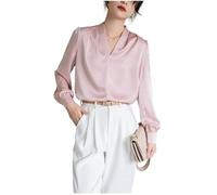 Elegante Satin-Bluse für Damen, lässig, modisch, einfarbig, langärmelig, Wickel-V-Ausschnitt, Bluse, Hemd, Top, Satin-Blusen für Frauen, rose, Small