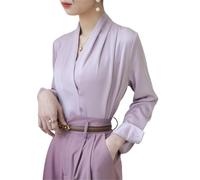 Elegante Satin-Bluse für Damen, lässig, modisch, einfarbig, langärmelig, Wickel-V-Ausschnitt, Bluse, Hemd, Top, Satin-Blusen für Frauen, violett, X-Large