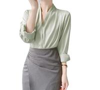Elegante Satin-Bluse für Damen, lässig, modisch, einfarbig, langärmelig, Wickel-V-Ausschnitt, Bluse, Hemd, Top, Satin-Blusen für Frauen, grün, X-Large