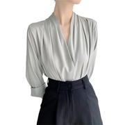 Elegante Satin-Bluse für Damen, lässig, modisch, einfarbig, langärmelig, Wickel-V-Ausschnitt, Bluse, Hemd, Top, Satin-Blusen für Frauen, grau, X-Large