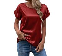 Elegante Satinbluse für Damen Rundhalsausschnitt Kurzarm Seidenbluse Sommerbluse Lässiges Oberteil Basic T Shirt Elegante Tunika für Business und Büro Größen S-XXL Burgunderrot XL